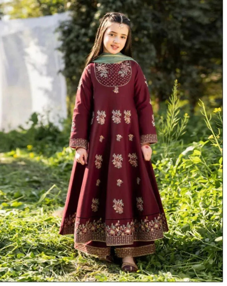 3 Pcs Girl's Cotton Embroidered Kurta And Shalwar Suit