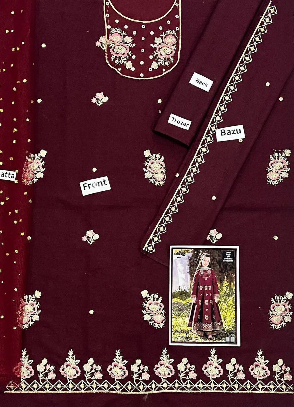 3 Pcs Girl's Cotton Embroidered Kurta And Shalwar Suit